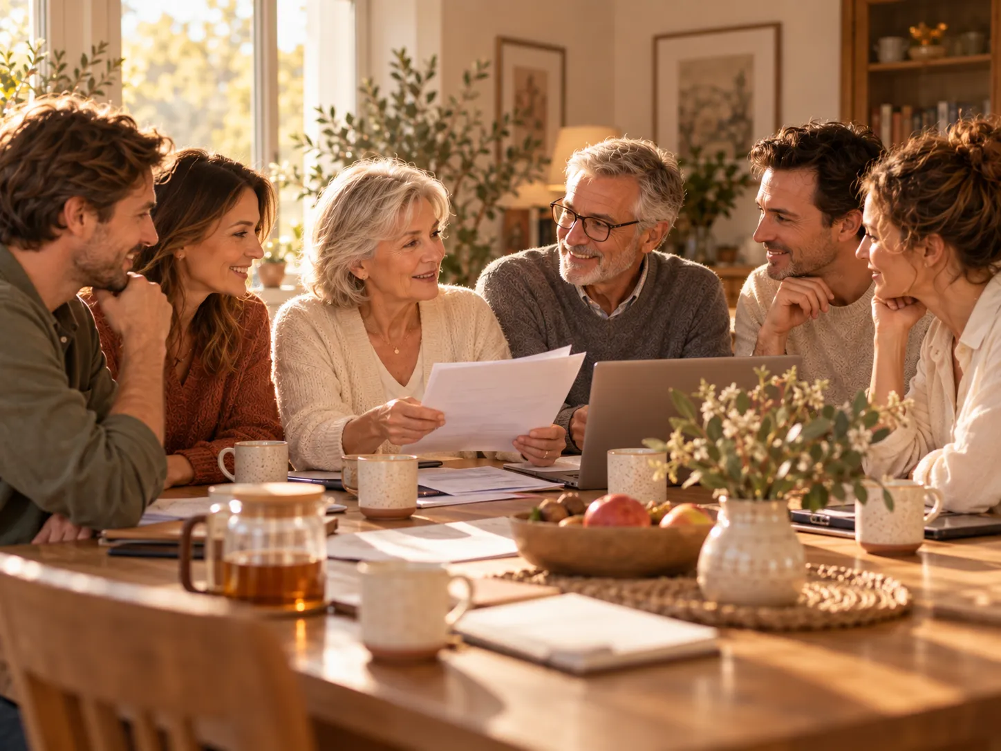 Mehrgenerationenfamilie sitzt gemeinsam am gedeckten Tisch