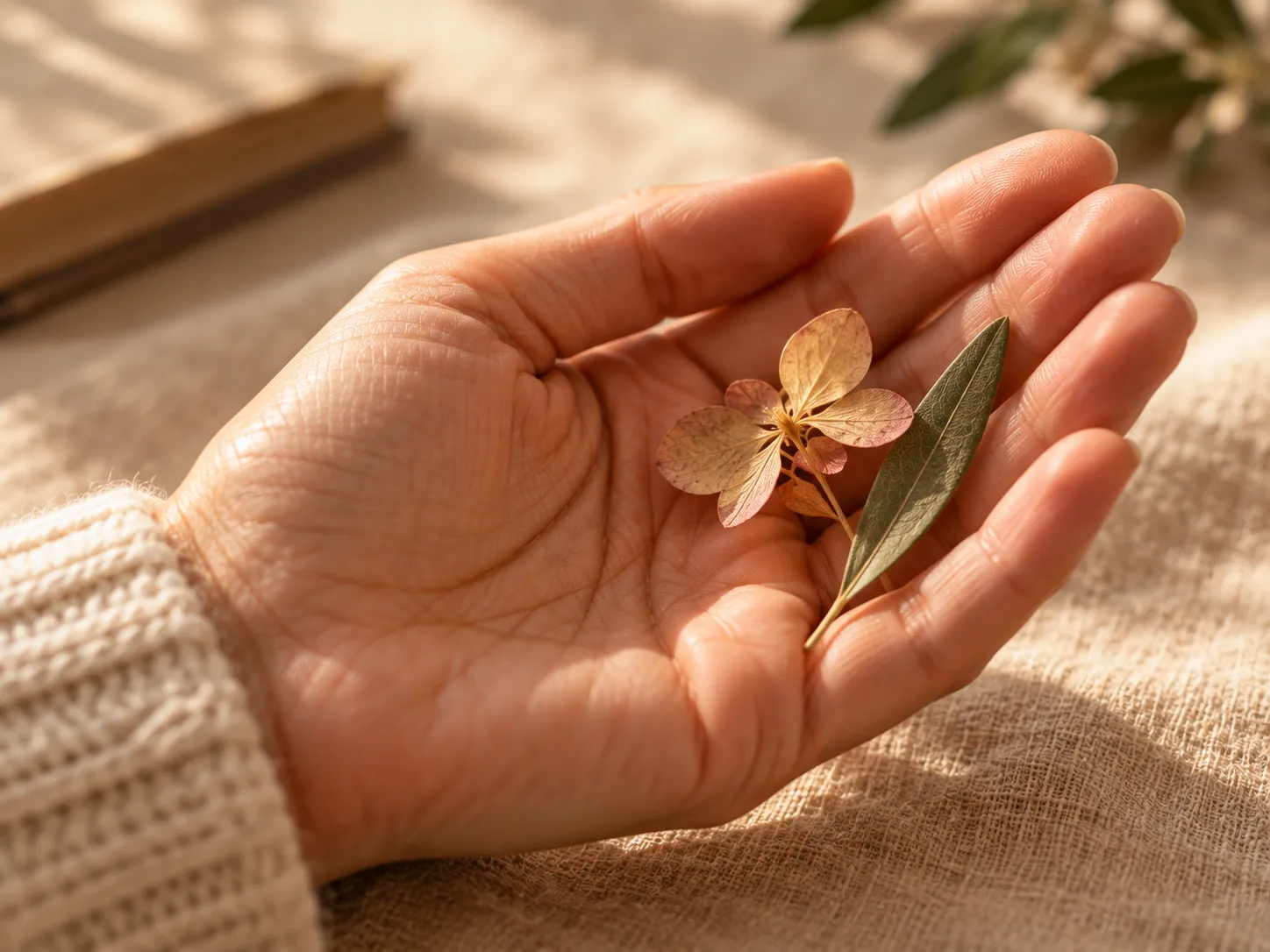Hand hält behutsam eine zarte Blüte vor weichem, hellem Hintergrund