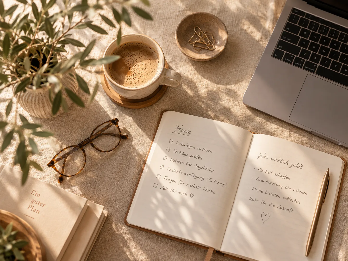Notizbuch, Stift und Blüten flach auf heller Oberfläche